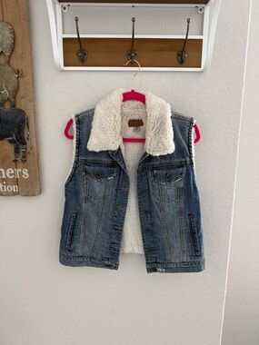 Guess Blue Denim Vest with Cream Faux Sherpa Collar